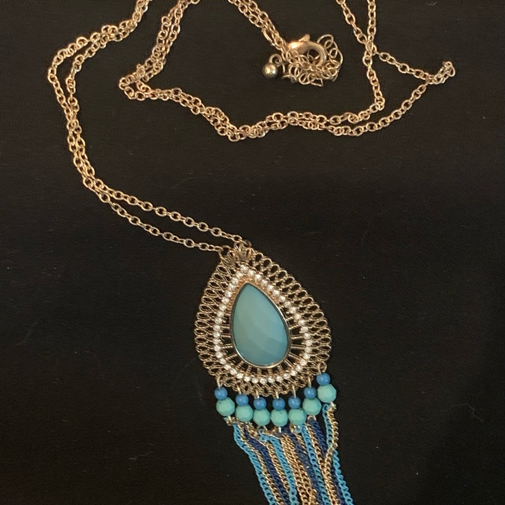 Gold Teardrop Pendant Necklace with Turquoise Colored Center